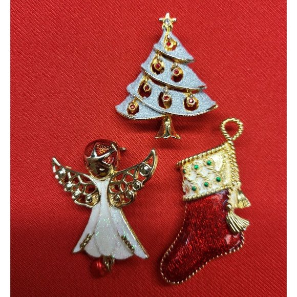 Christmas Pins/ Brooches Set of 3 Christmas Tree, Angel & Stocking Pins - Picture 5 of 12